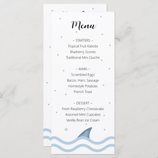Shark Baby shower Menu met haaienvin en bubbels (Voorkant / Achterkant)