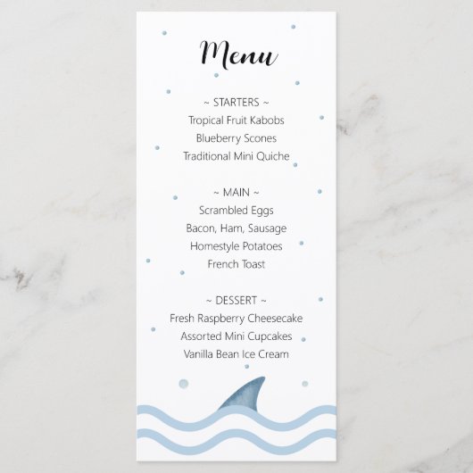 Shark Baby shower Menu met haaienvin en bubbels (Voorkant)