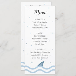 Shark Baby shower Menu met haaienvin en bubbels