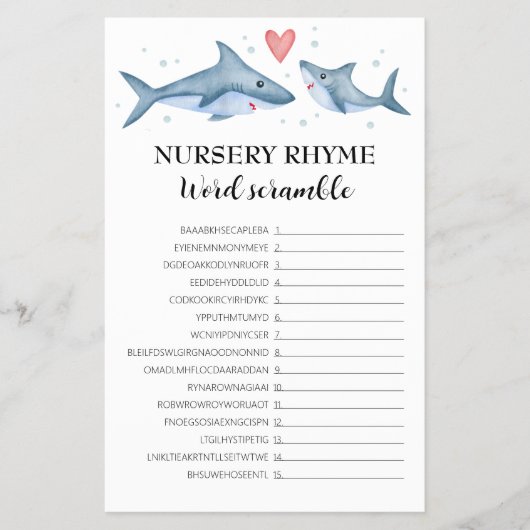 Shark Baby shower Nursery Rhyme Word Scramble Game Flyer (Voorkant)