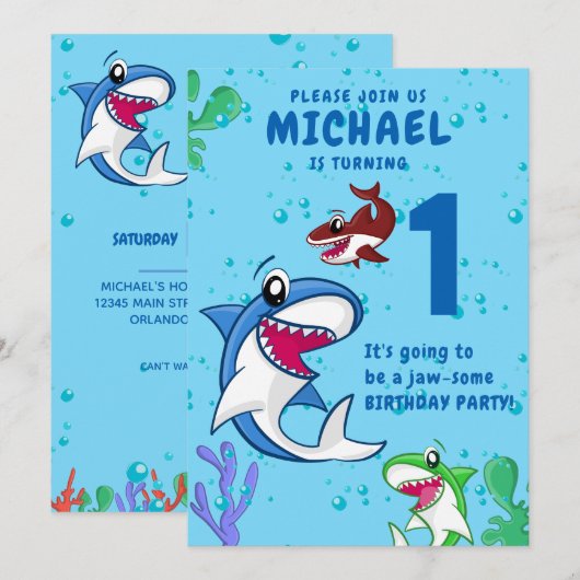 Shark Birthday First Bday Ocean Kinder Kaart (Voorkant / Achterkant)