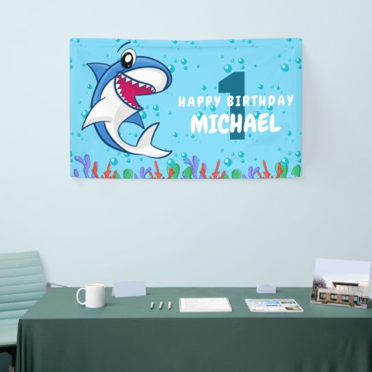 Shark Birthday First Bday Ocean Kinder Spandoek (Beurs)