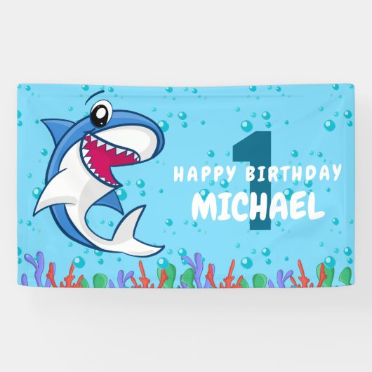 Shark Birthday First Bday Ocean Kinder Spandoek (Horizontaal)