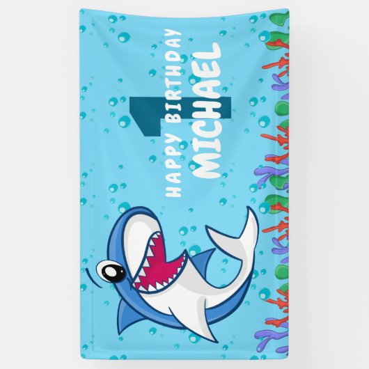 Shark Birthday First Bday Ocean Kinder Spandoek (Verticaal)