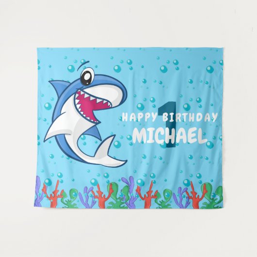 Shark Birthday First Bday Ocean Kinder Wandkleed (Voorkant (horizontaal))
