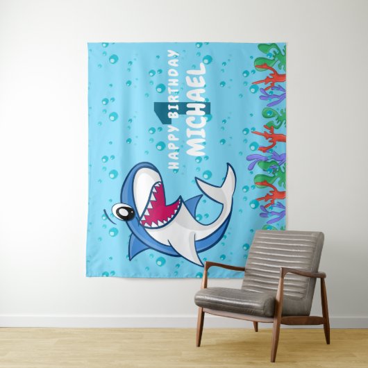 Shark Birthday First Bday Ocean Kinder Wandkleed (In situ)