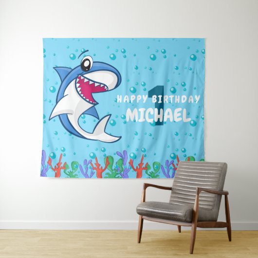 Shark Birthday First Bday Ocean Kinder Wandkleed (In Situ (horizontaal))