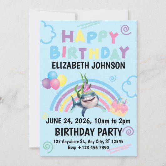 Shark Birthday Invitation in Blue Kaart (Voorkant)