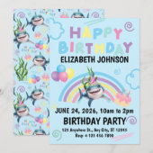 Shark Birthday Invitation in Blue Kaart (Voorkant / Achterkant)