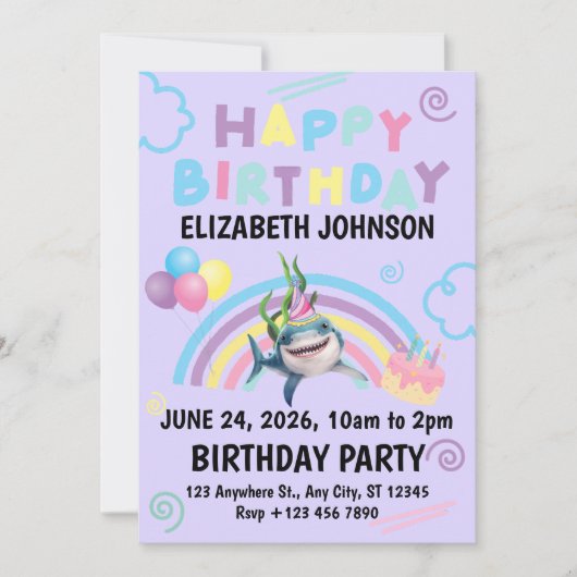 Shark Birthday Invitation in Purple Kaart (Voorkant)