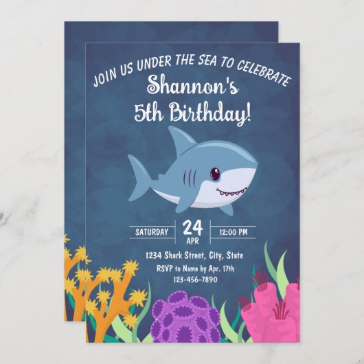Shark Birthday Invitation Kaart (Voorkant / Achterkant)
