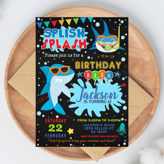 Shark Birthday Invitation Splish Splash Party Kaart