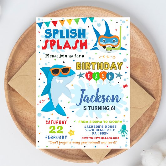 Shark Birthday Invite Splish Splash Birthday Bash Kaart