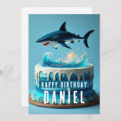 Shark Birthday Kaart - Ocean Waves Cake Design (Voorkant / Achterkant)