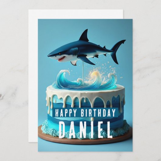 Shark Birthday Kaart - Ocean Waves Cake Design (Voorkant / Achterkant)