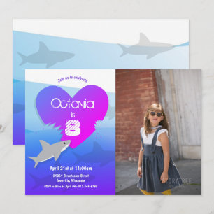 Shark Birthday Party Foto Paars Blue Invitation Kaart