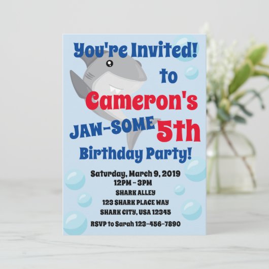 Shark Birthday Party Invitation for Boys Jaw-some Kaart (Staand voorkant)