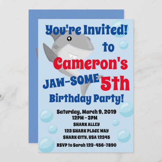 Shark Birthday Party Invitation for Boys Jaw-some Kaart (Voorkant / Achterkant)