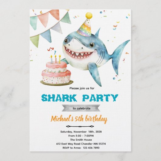 Shark birthday party invitation kaart (Voorkant)