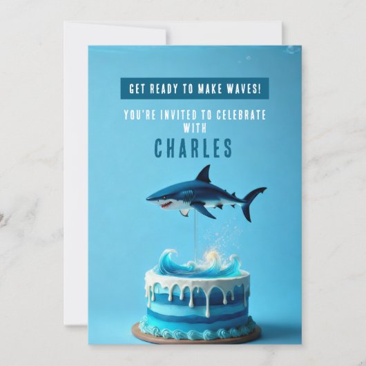 Shark Birthday Party Invitation - Ocean Waves Cake Kaart (Voorkant)