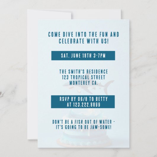 Shark Birthday Party Invitation - Ocean Waves Cake Kaart (Achterkant)