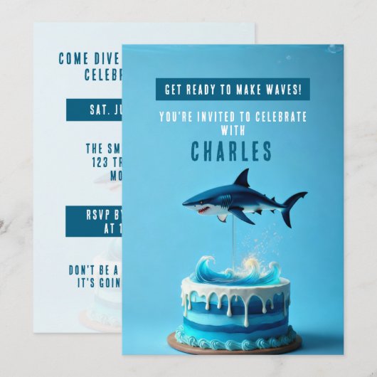 Shark Birthday Party Invitation - Ocean Waves Cake Kaart (Voorkant / Achterkant)