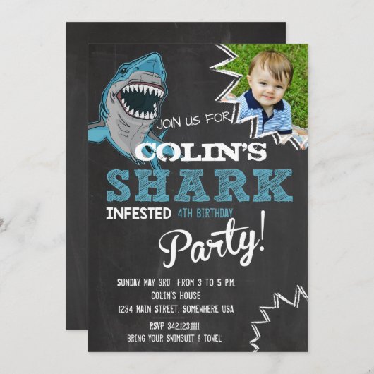 Shark Birthday Party Kaart (Voorkant / Achterkant)