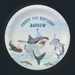 Shark Birthday Pool Party Paper Plates Papieren Bordje<br><div class="desc">Enjoy birthday cake and ice cream with all your favorite sharks! This paper plates design features a school of festive birthday sharks all wearing fun party hats! Easily edit with your birthday party information. 

See the entire collection for more matching items!</div>