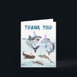 Shark Birthday Pool Party Personalized Thank You Kaart<br><div class="desc">Thank all your sharks for swimming over to your birthday party! This design features a school of festive birthday sharks all wearing fun party hats! Easily edit with your personalized thank you message. 

See the entire collection for more matching items!</div>