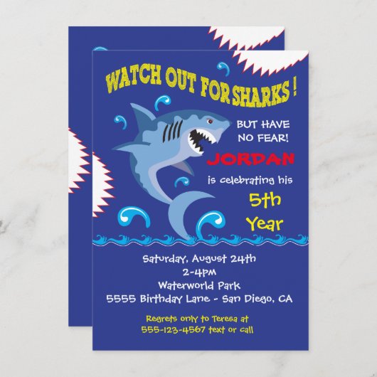 Shark Birthday Swimming Pool Party Invitations Kaart (Voorkant / Achterkant)