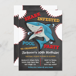 Shark Birthday Swimming Pool Party Invitations Kaart
