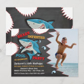 Shark Birthday Swimming Pool Party Invitations Kaart (Voorkant / Achterkant)
