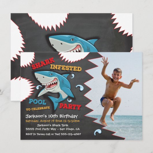 Shark Birthday Swimming Pool Party Invitations Kaart (Voorkant / Achterkant)