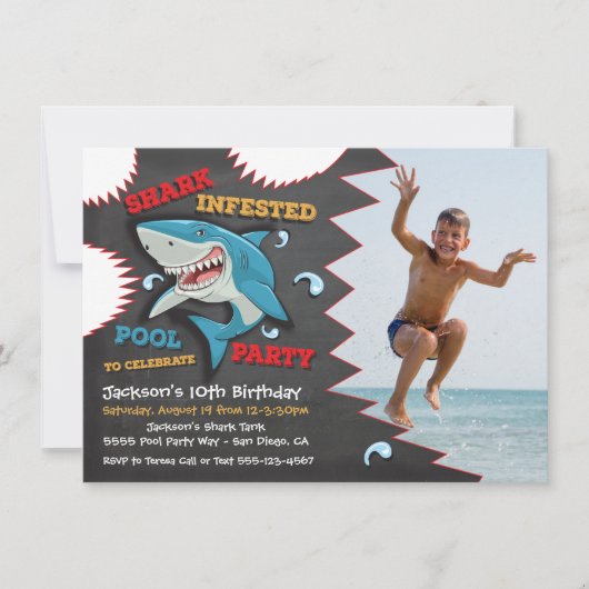 Shark Birthday Swimming Pool Party Invitations Kaart (Voorkant)