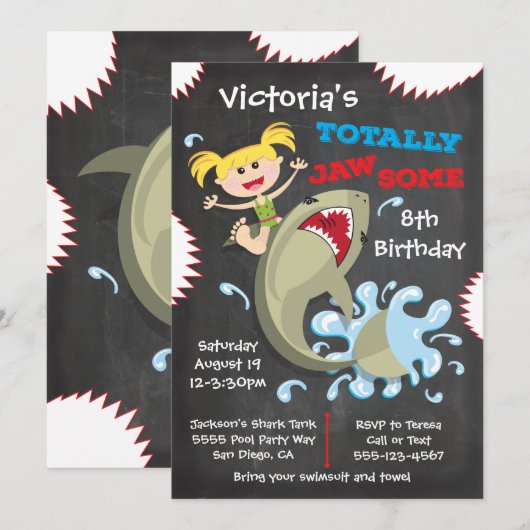 Shark Birthday Swimming Pool Party Invitations Kaart (Voorkant / Achterkant)