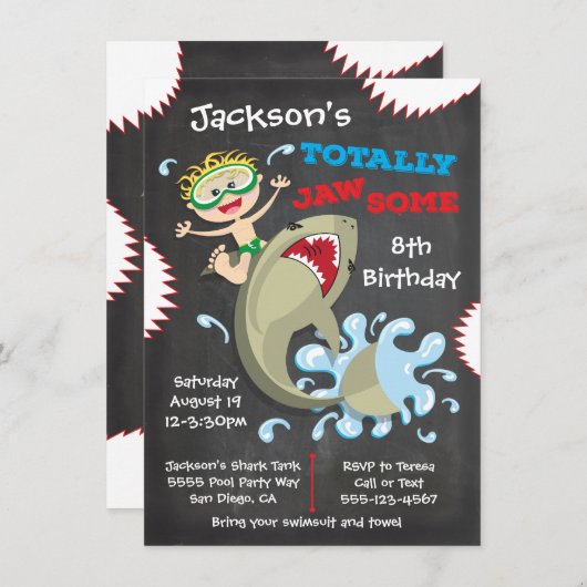 Shark Birthday Swimming Pool Party Invitations Kaart (Voorkant / Achterkant)