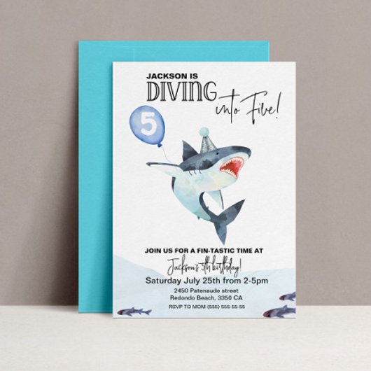 Shark Birthday-uitnodiging - Duik in VIJF Kaart