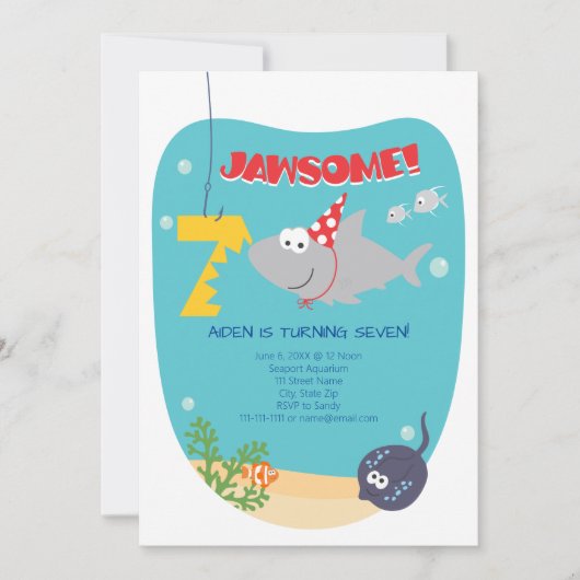 Shark Bite 7e verjaardag Uitnodiging (Voorkant)