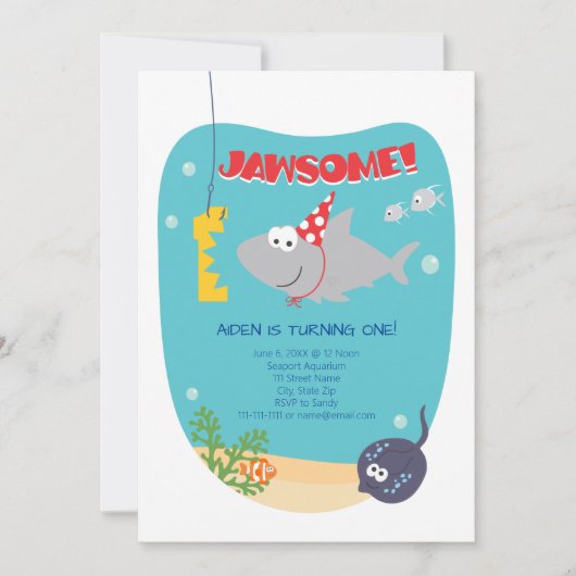 Shark Bite First Birthday Invitation Kaart (Voorkant)