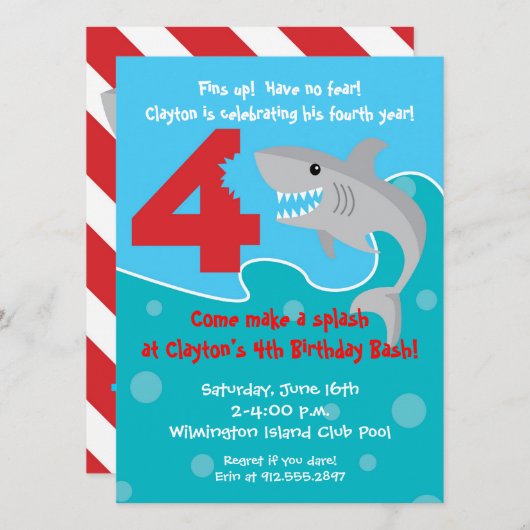 Shark Bite Invite - 4e verjaardag Kaart (Voorkant / Achterkant)