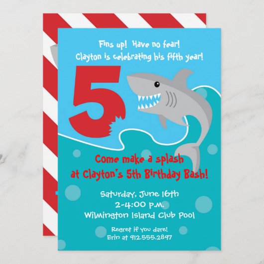 Shark Bite Invite - 5e verjaardag Kaart (Voorkant / Achterkant)