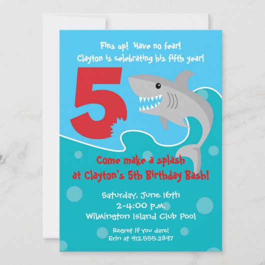 Shark Bite Invite - 5e verjaardag Kaart (Voorkant)