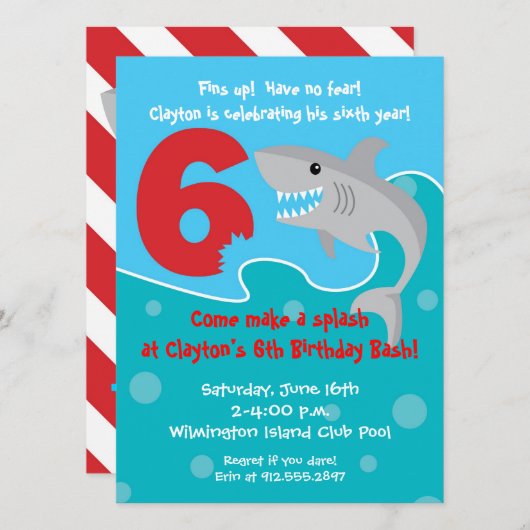 Shark Bite Invite - 6e verjaardag Kaart (Voorkant / Achterkant)