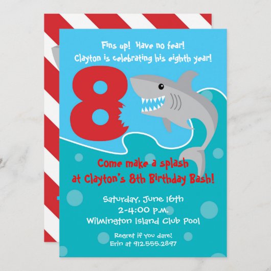 Shark Bite Invite - 8e verjaardag Kaart (Voorkant / Achterkant)