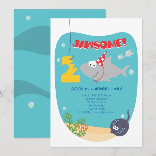 Shark Bite Second Birthday Invitation Kaart (Voorkant / Achterkant)