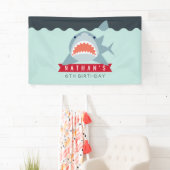 Shark Boy Navy Blue Pool Verjaardagsbanner Spandoek (Insitu)