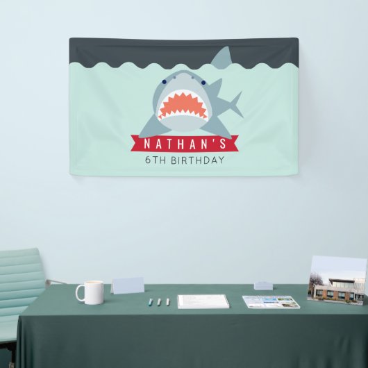 Shark Boy Navy Blue Pool Verjaardagsbanner Spandoek (Beurs)