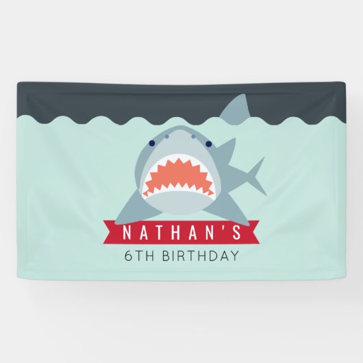 Shark Boy Navy Blue Pool Verjaardagsbanner Spandoek (Horizontaal)