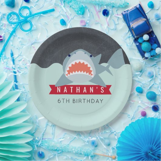 Shark Boy Navy Blue Pool Verjaardagspapier Bord (Feest)