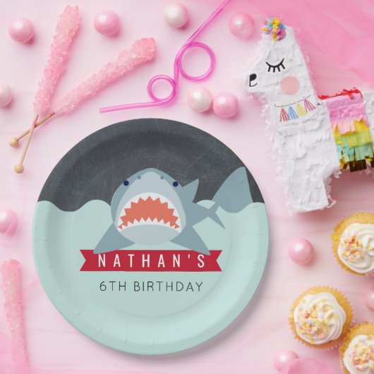 Shark Boy Navy Blue Pool Verjaardagspapier Bord (Feest)